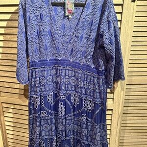 Johnny Was Blue and White Long Sleeve Dress